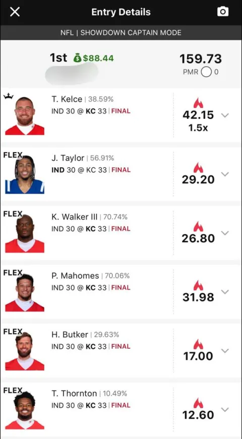 DraftKings app entry details for an NFL Showdown Captain Mode entry, IND 30 at KC 33, final: Kelce as captain, then Taylor, Walker III, Mahomes, Butker and Thornton.